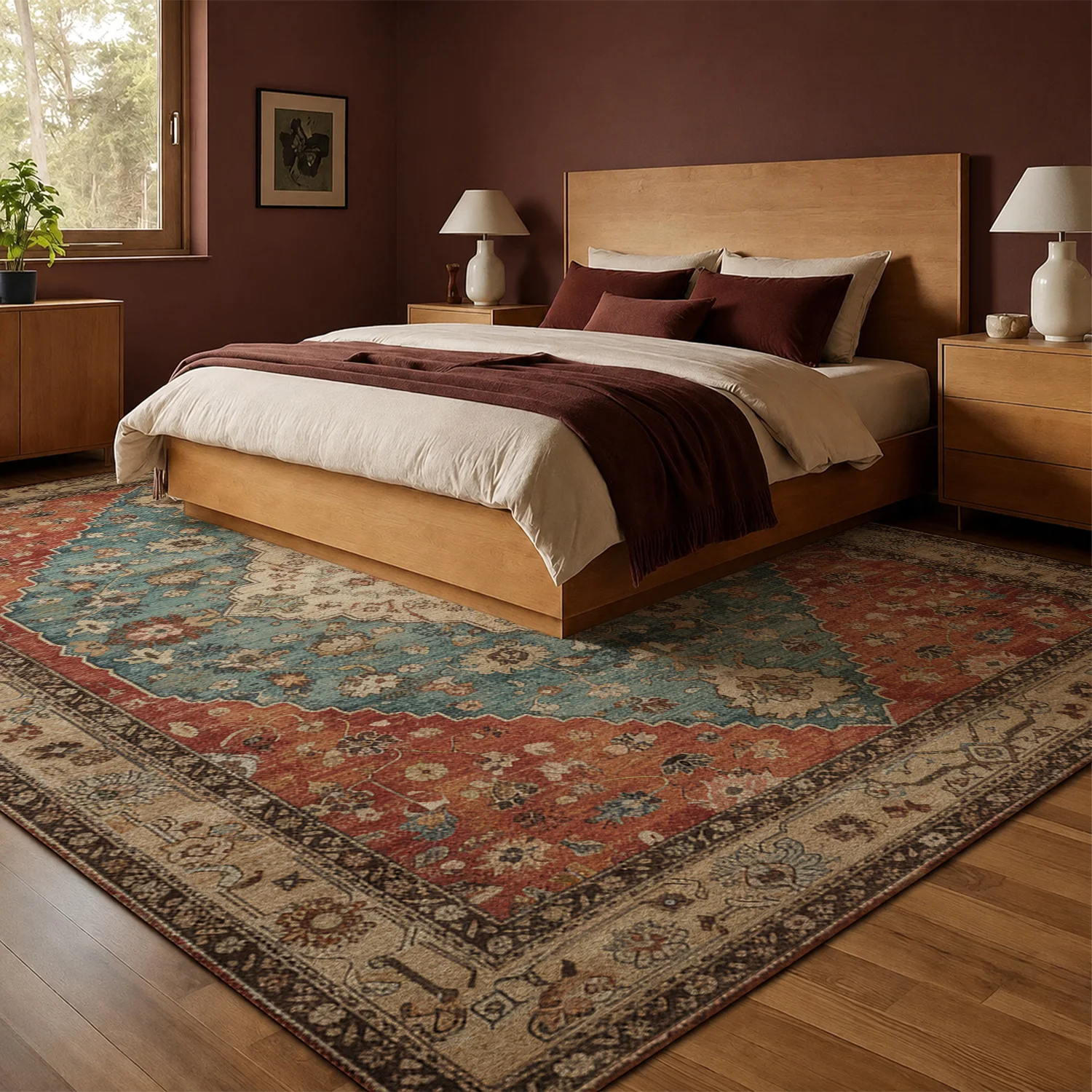 Large Indoor Area Rug, Soft Velvet Low Pile Non-slip Dotted Backing Machine Washable Vintage Persian Medallion Floor Rug for Living Room Bedroom, Distressed Blue Red Oriental Decor