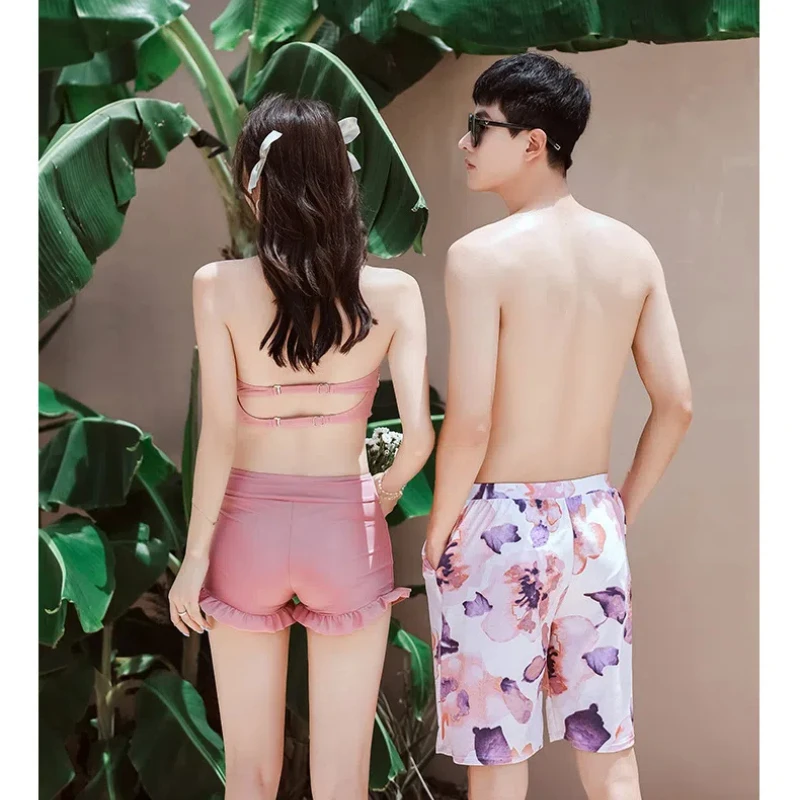 New Matching Swimsuits for Couples Three-Piece Swimwear with Ruffle Beach Cover Ups Print Swim Trunks Shorts Men Bathing Suits