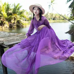 Womens Fashion Long Dresses  Print Streetwear Summer Dress Casual Lantern Sleeve Purple Color Chiffon Dress Roupas Feminina