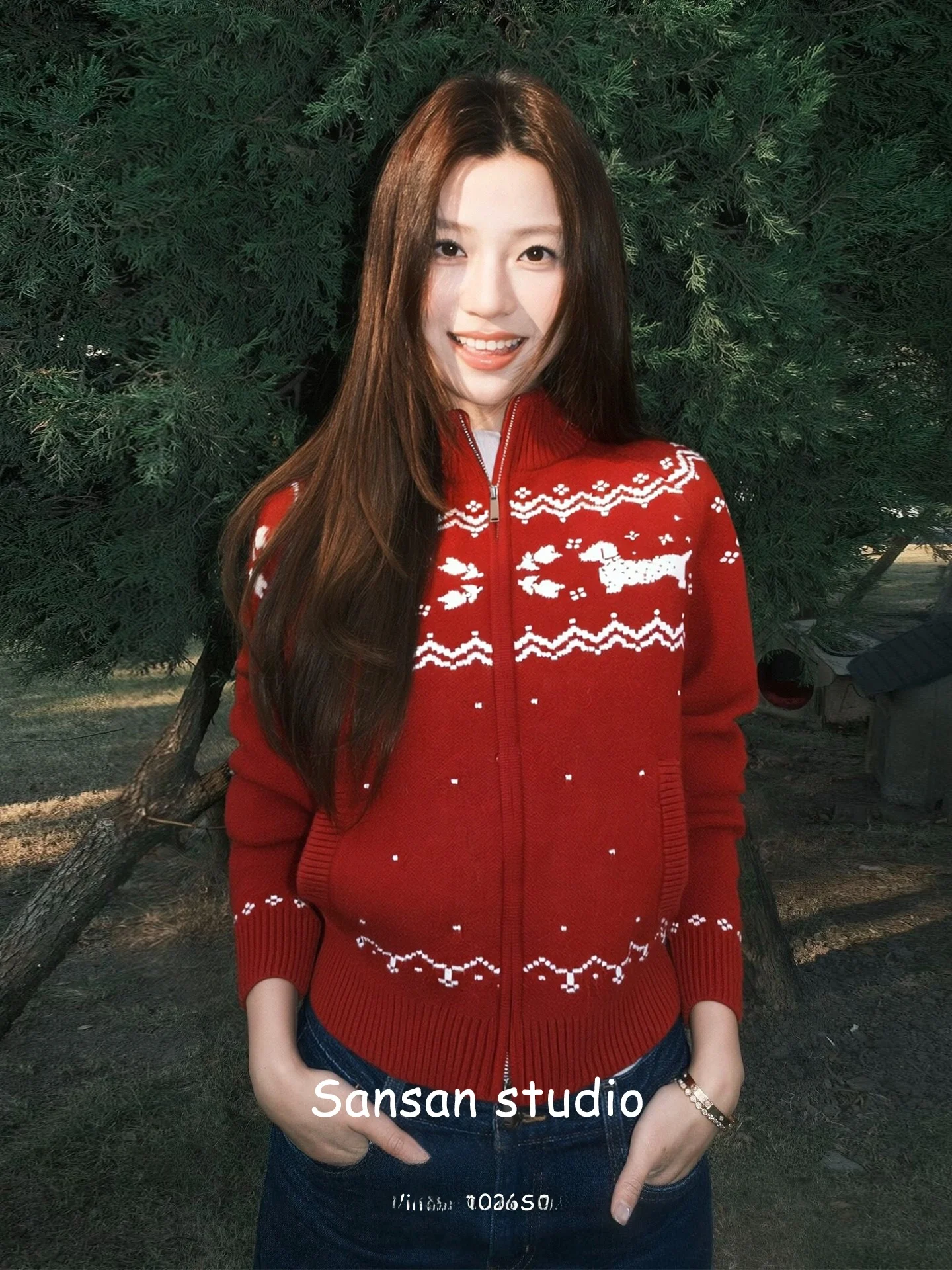 

Cisas Knitted Sweater Women's Spring Autumn Loose Cardigan Zipper Warm Top Festive Red Color Commute Sle Faionable