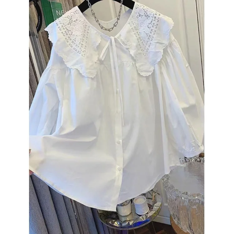 

Ele Embroidered Lace Lantern Sve White irt Anti-Aging Doll Top Comfortable Ultra-Beautiful Big Collar Women's Blouse