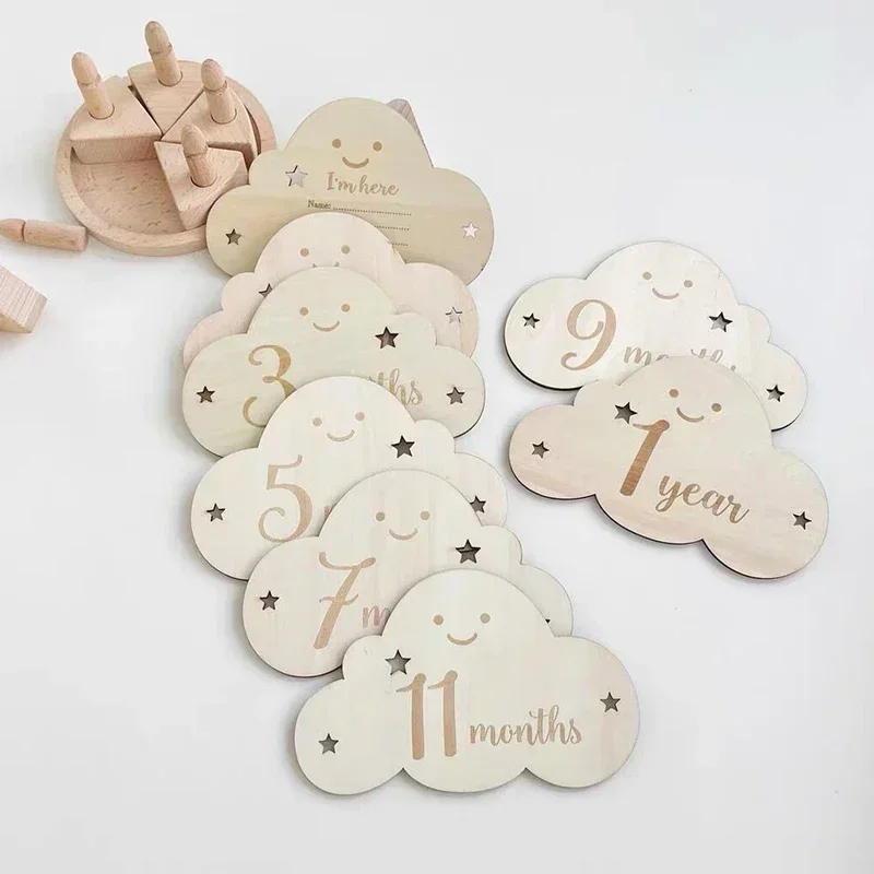 8 unid/set de tarjeta de hito de madera para bebé recién nacido, accesorios de fotografía con forma de nube bonita, tarjetas de mes, pegatina, regalos para recién nacidos