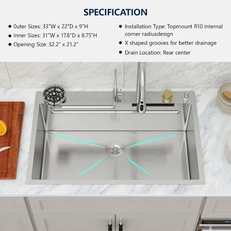 Logmey 33 Drop In Waterfall Kitchen Sink 33x22 Inch 16 Gauge Stainless Steel Single Bowl Workstation Kitchen Sinks