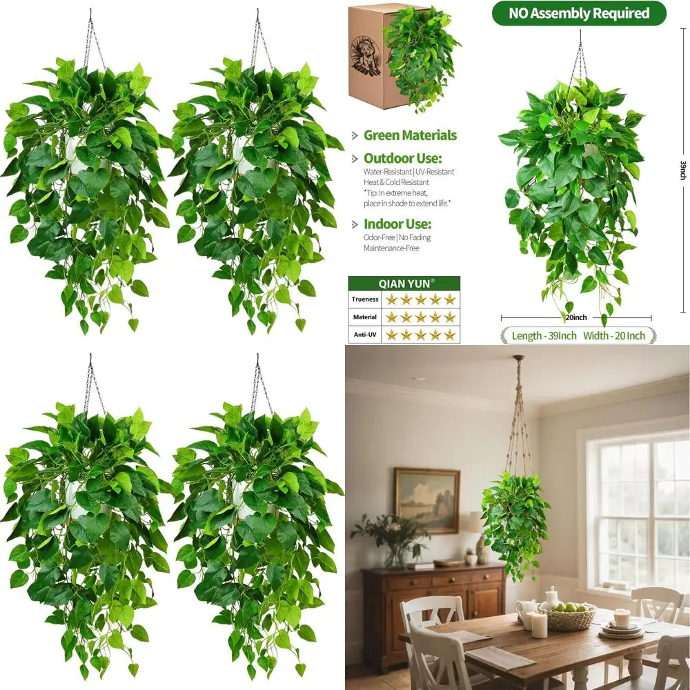 

Artificial Ivy Hanging Plants, 40 Potted Greenery Vines for Indoor or Outdoor Decor, 2PCS Trailing Decorative Plants