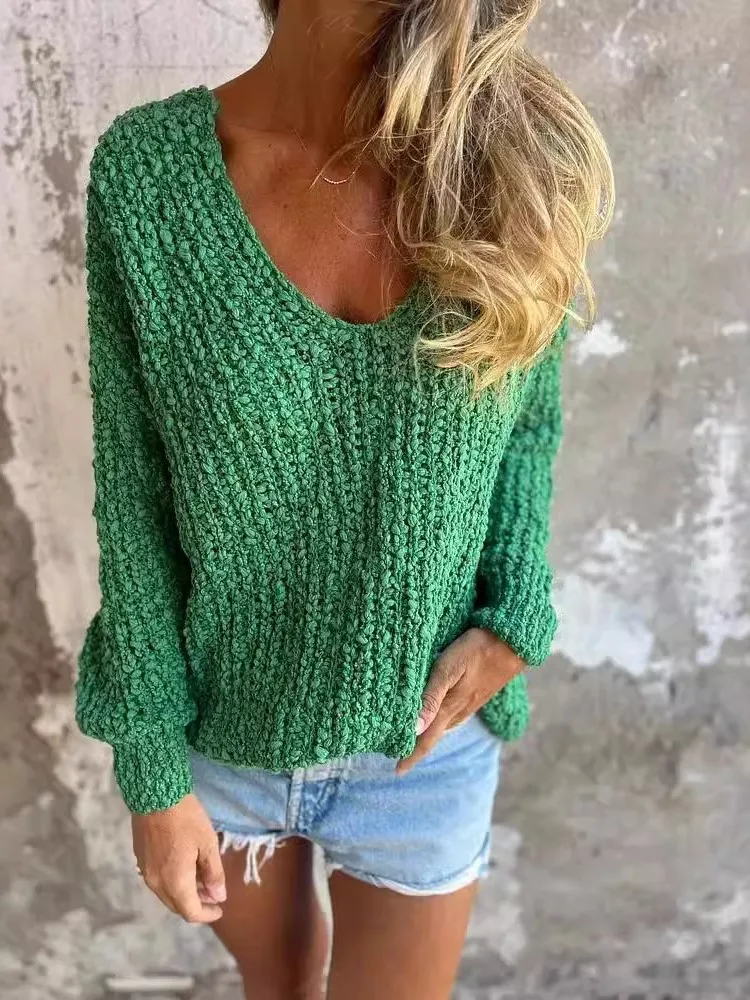 

New V-neck Long-sleeved Sweater Autumn And Winter For Women Fashion Elegant Solid Casual Loose Holiday Sweaters Womens Clothing