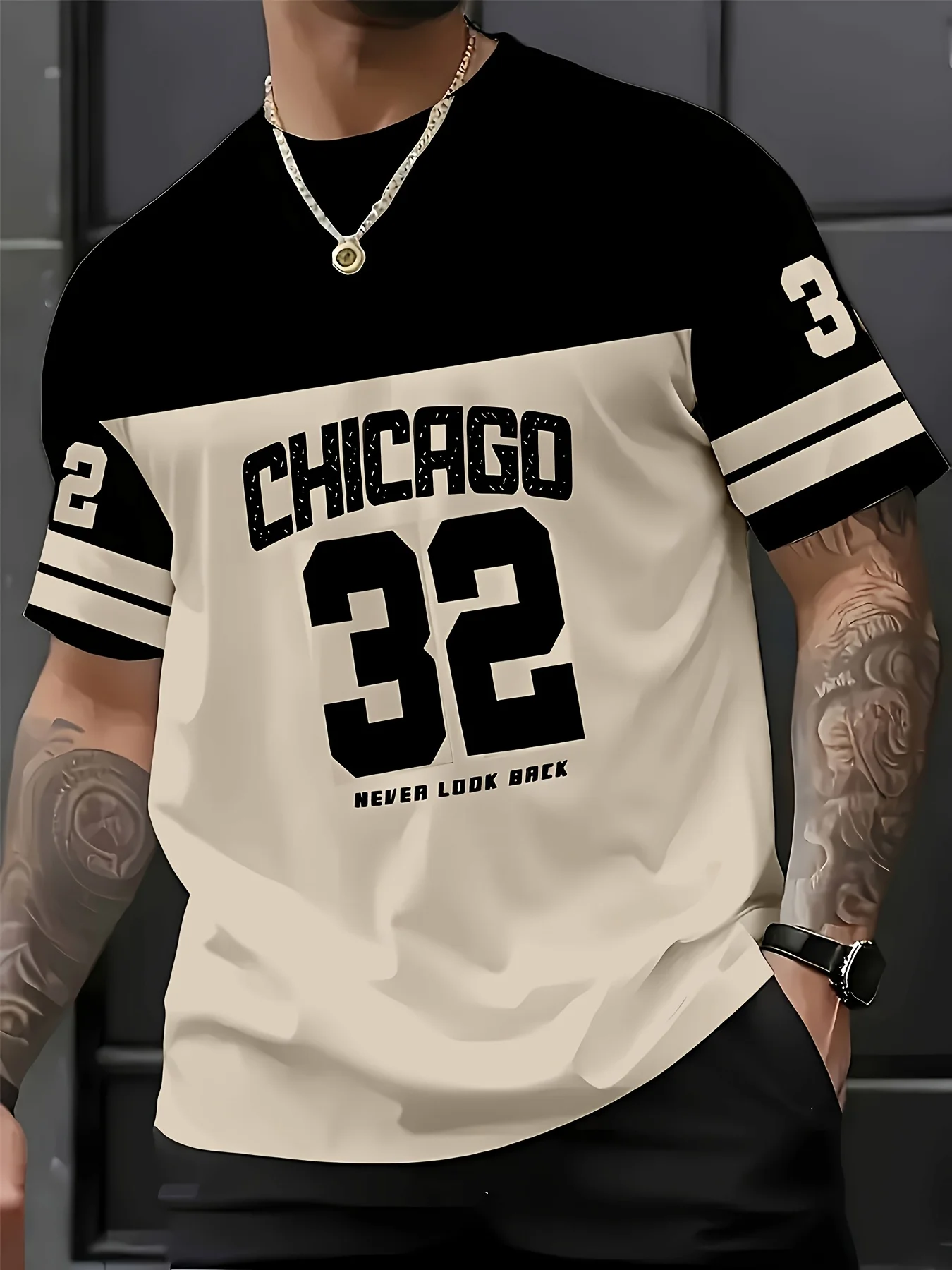 Summer Chicago Size 32 Men's Mesh Breathable Short-Sleeve Top, Trendy 3D Letter Print Clothing Quick-Drying Casual T-Shirt