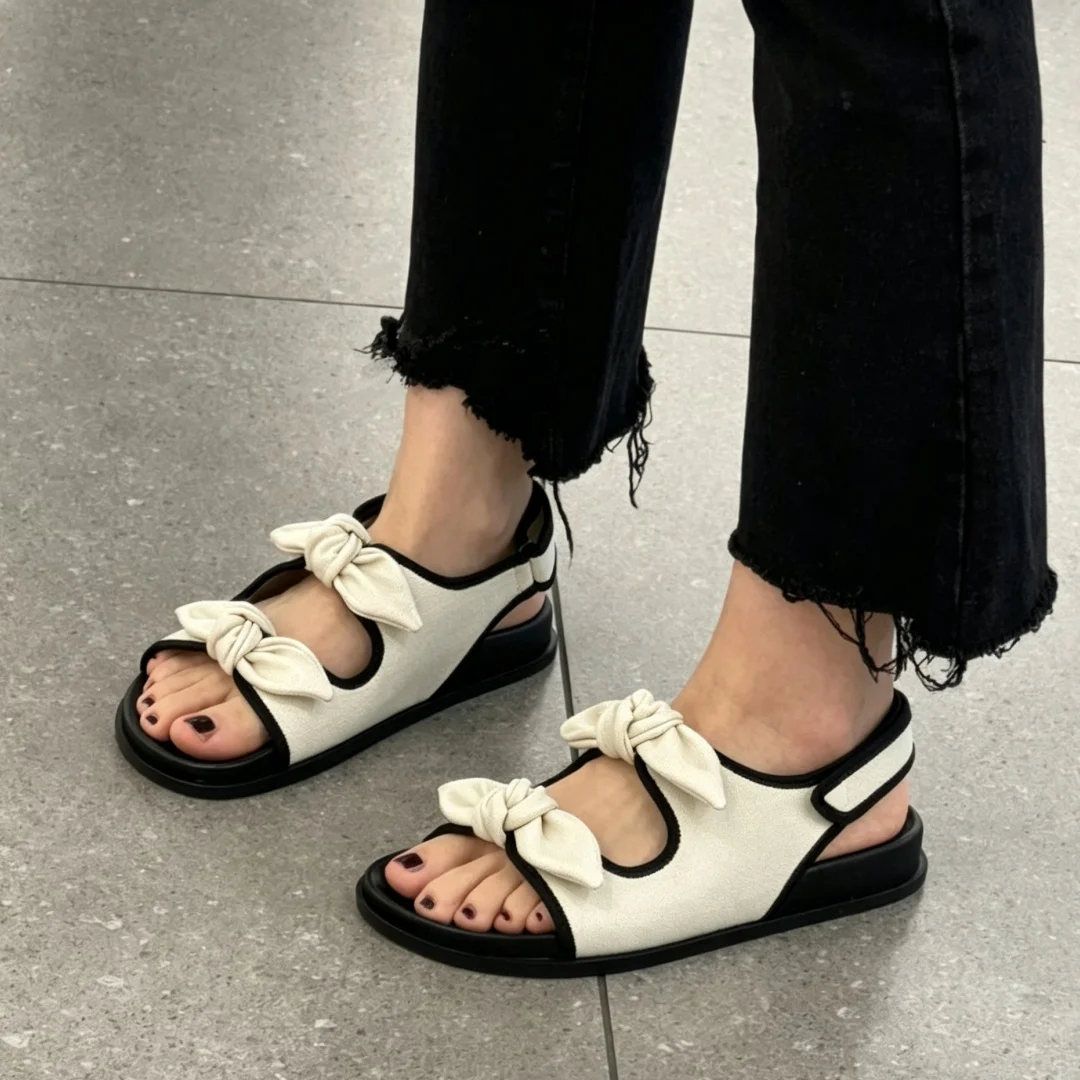 Women Two Bow Decor Platform Sandals Adjustable Back Strap Open Toe Black White Summer Non Slip Casual Flat Sandals Female Daily