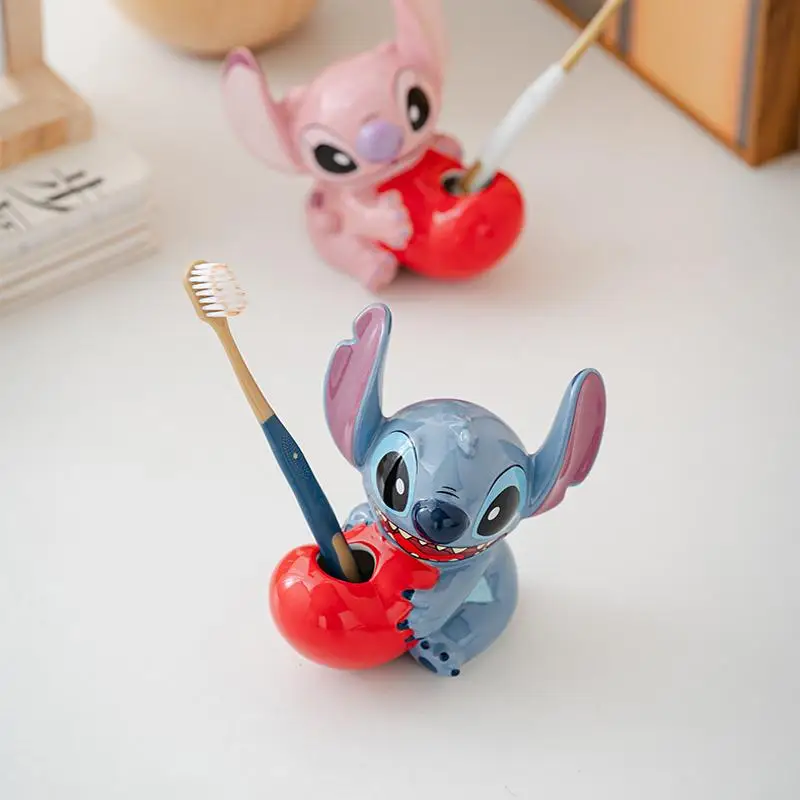 Soporte para cepillo de dientes de cerámica con dibujos de Ángel de Disney Stitch, soporte creativo para cepillo de dientes Kawaii, adorno de mesa, regalos de vacaciones