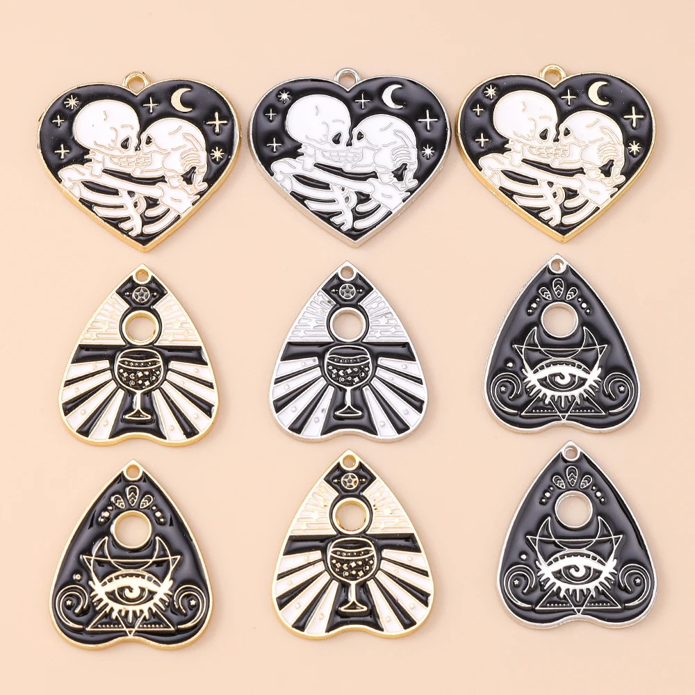 Leslie 10pcs Black Tarot Card Heart Charms Pendants for Bracelets Necklace DIY Holy Grail Eye Charms Jewelry Making Accessories
