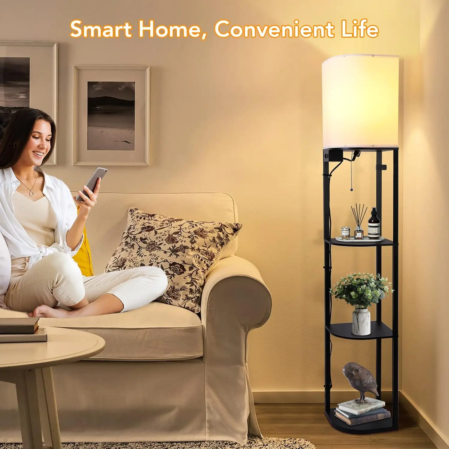 Lámpara de pie de estante RGB inteligente con 2 puertos USB y 1 toma de corriente, pantalla moderna, lámpara de pie de estante de esquina de sector de 3 niveles, bombilla RGB