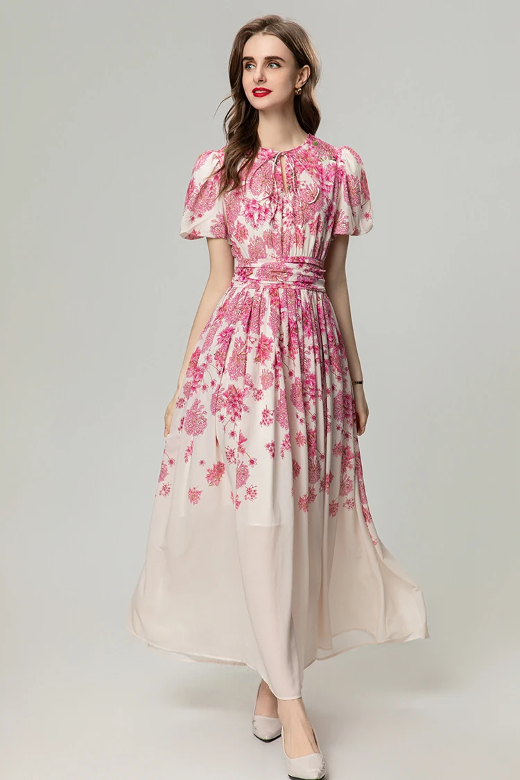 

SEQINYY Elegant Long Dress Summer Spring New Fashion Design Puff Sleeve Vintage Pink Flower Print A-Line Casual Holiday