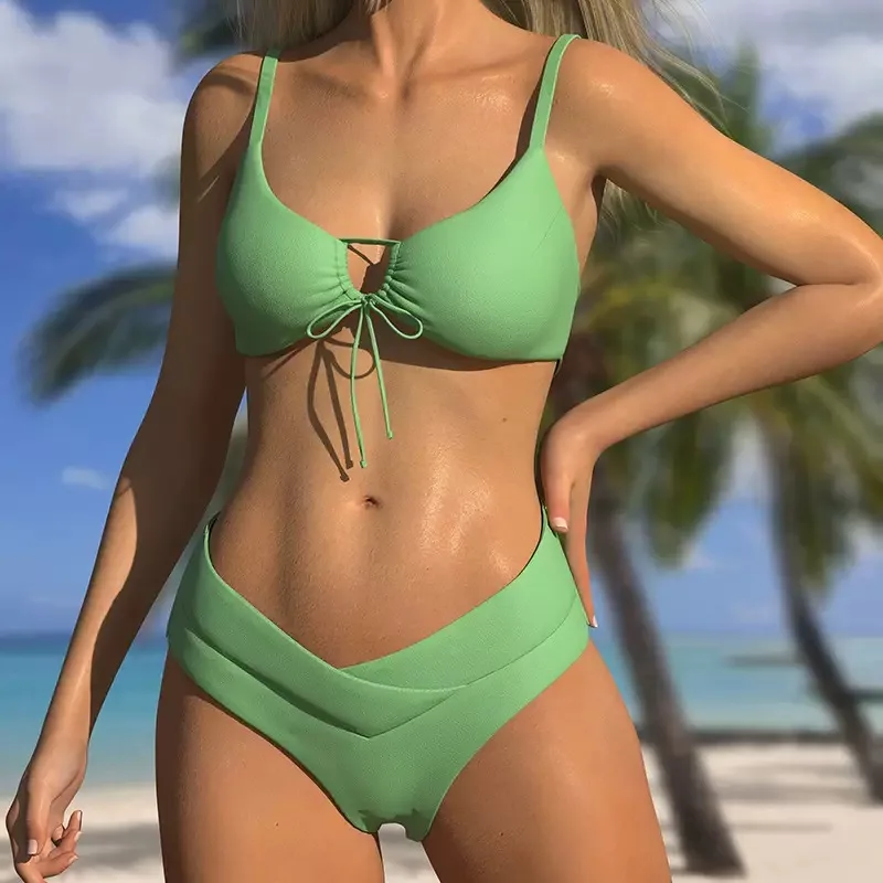 2025 New High Elastic Bikini Set Two-Piece Lace-Up Sexy Women Swimsuit Solid Color Beach Swimwear Summer Bathing Suit