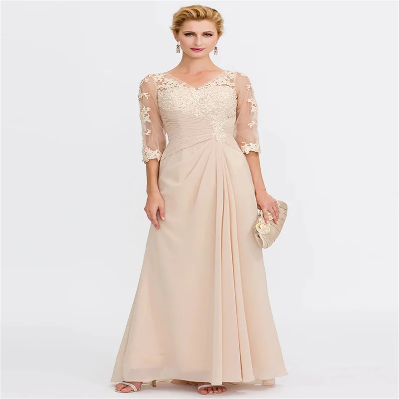 

Champagne Appliques Lace Chiffon Peplum Mermaid Mother of the Bride Dresses Sheer Neck Half Sleeve Elegant Evening Formal Gowns