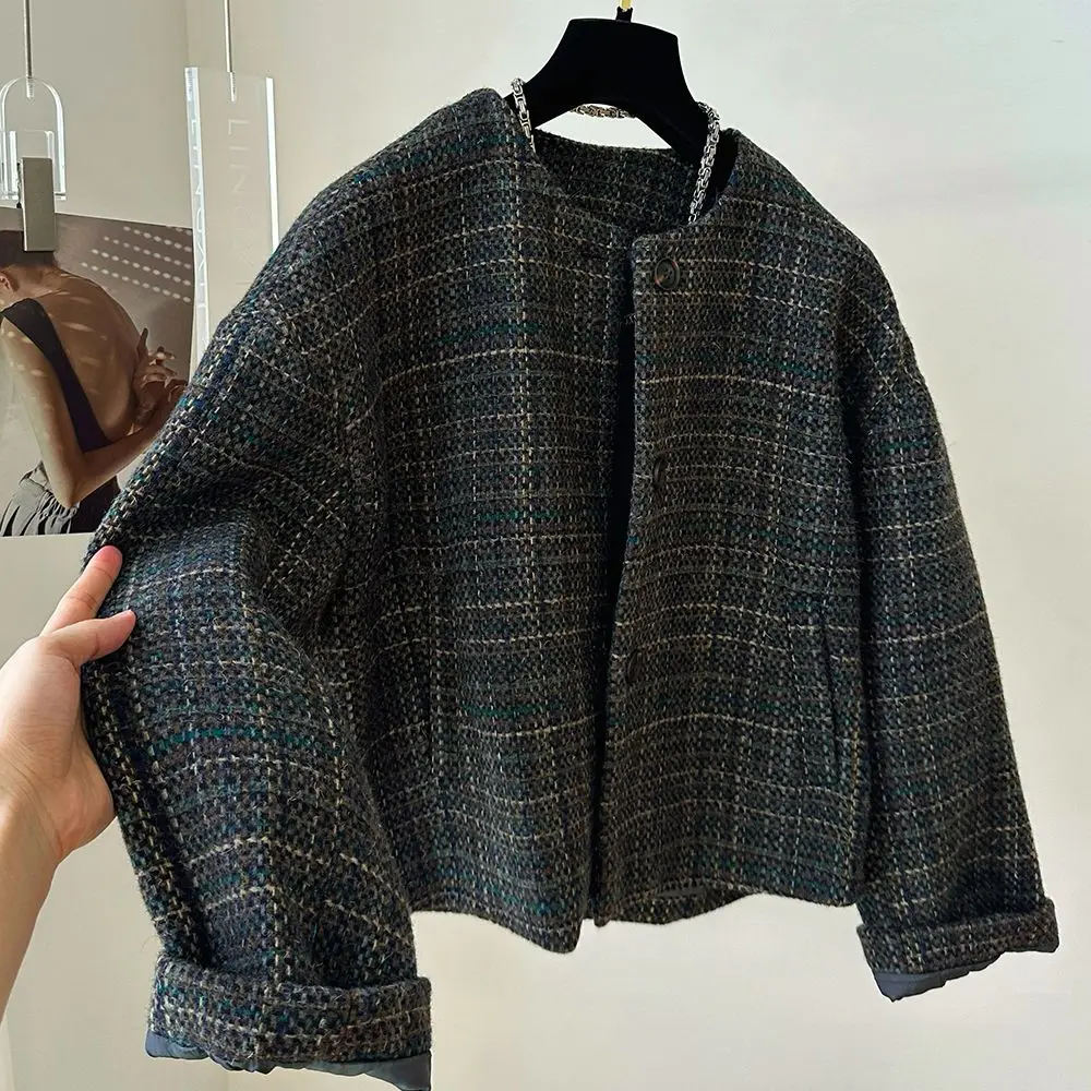 

Осенне-зимняя новая женская хлопковая куртка с круглым вырезом, клетчатая короткая куртка