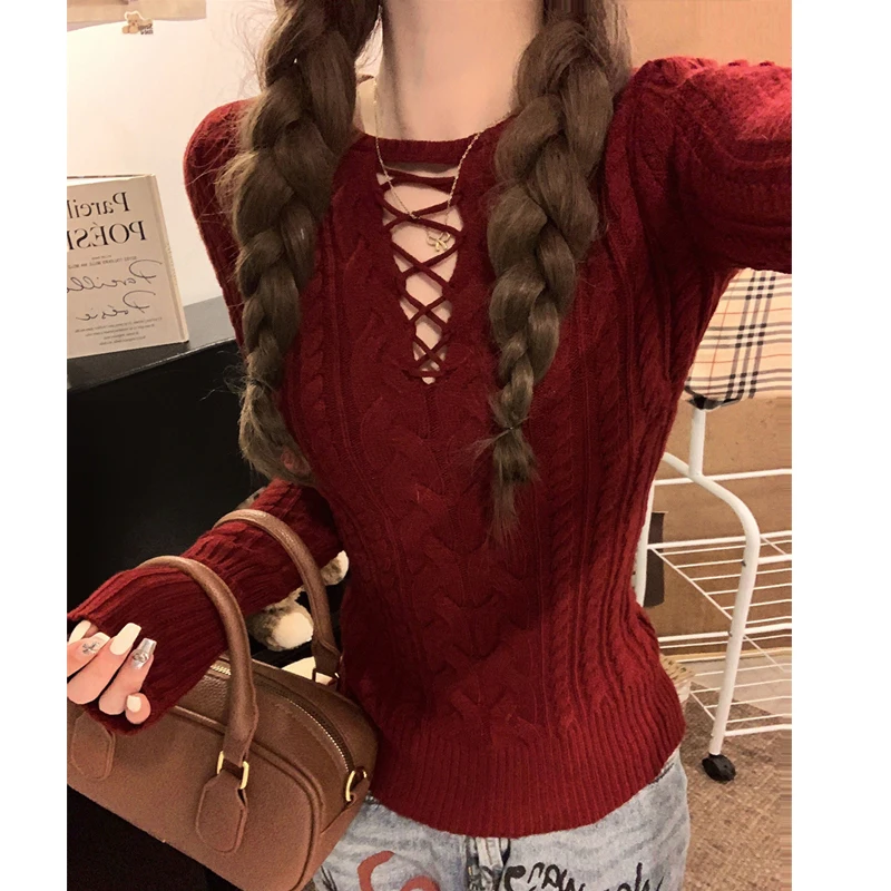 

New Hollow Out Long Sleeve Pullover Sweater Autumn Sweet Women Solid Color Korean Elegant Jumper Slim Fit Knitted Bottoming Tops
