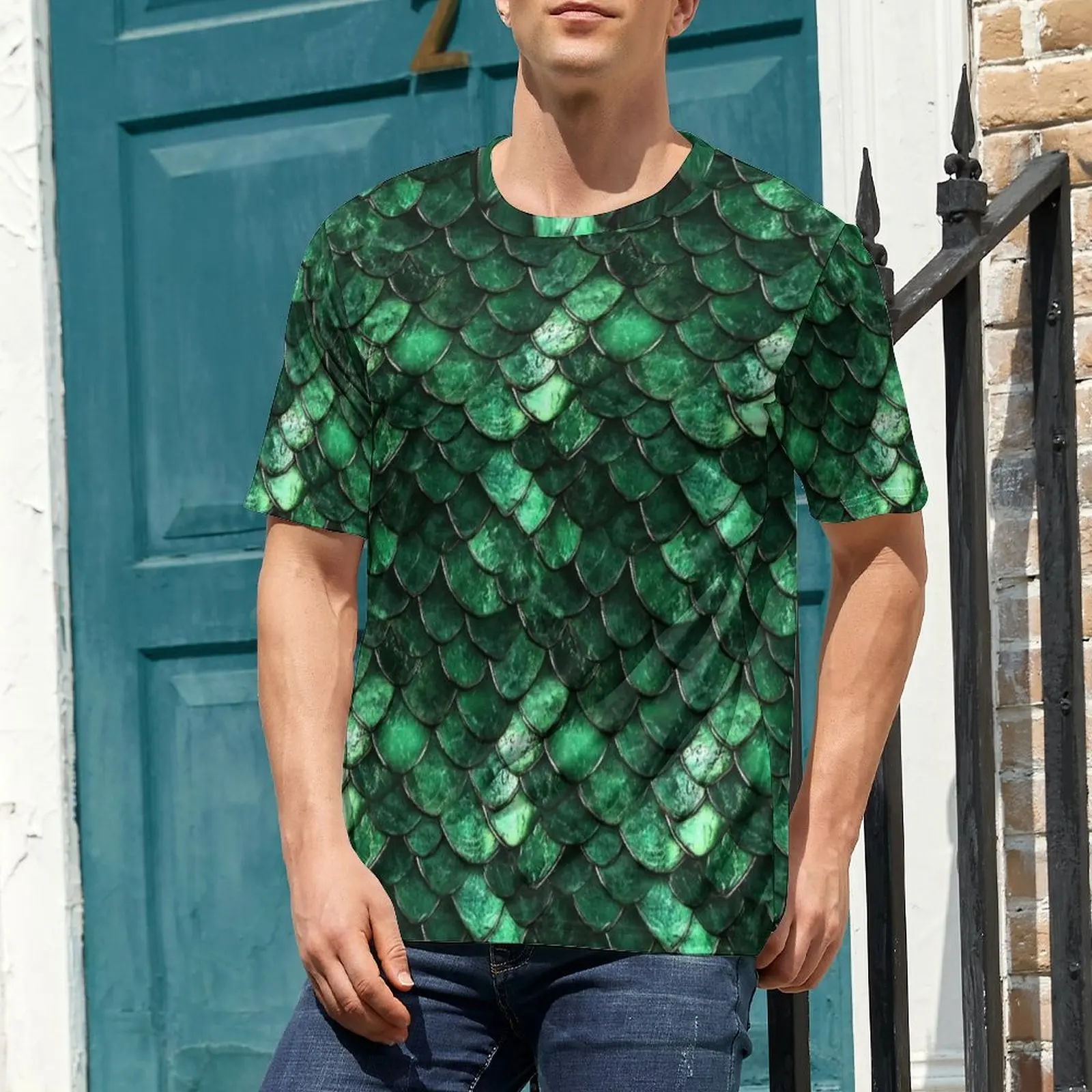 Dark Emerald Scale Print T Shirt  Retro T-Shirts Man Street Style Tee Shirt Premium Short Sleeve Graphic Top Tees Plus Size 6XL