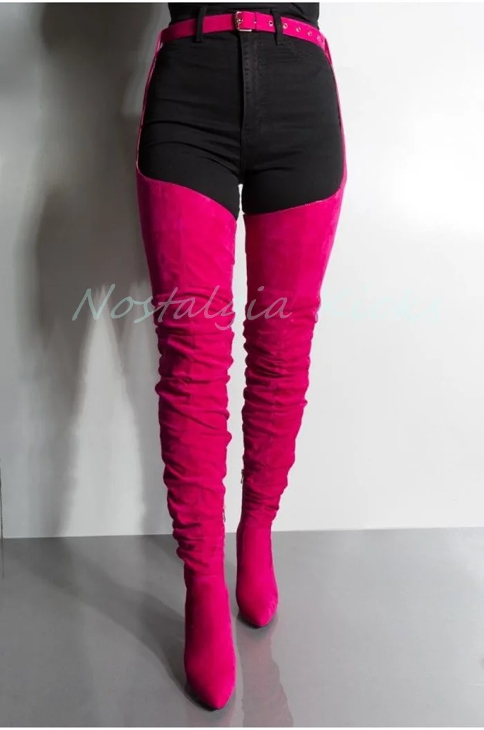 

2025 Novelty Velvet Over The Knee Boots High Heel Pointed Toe Elastic Waistband Zipper Design Modern Boots for Women Big Size