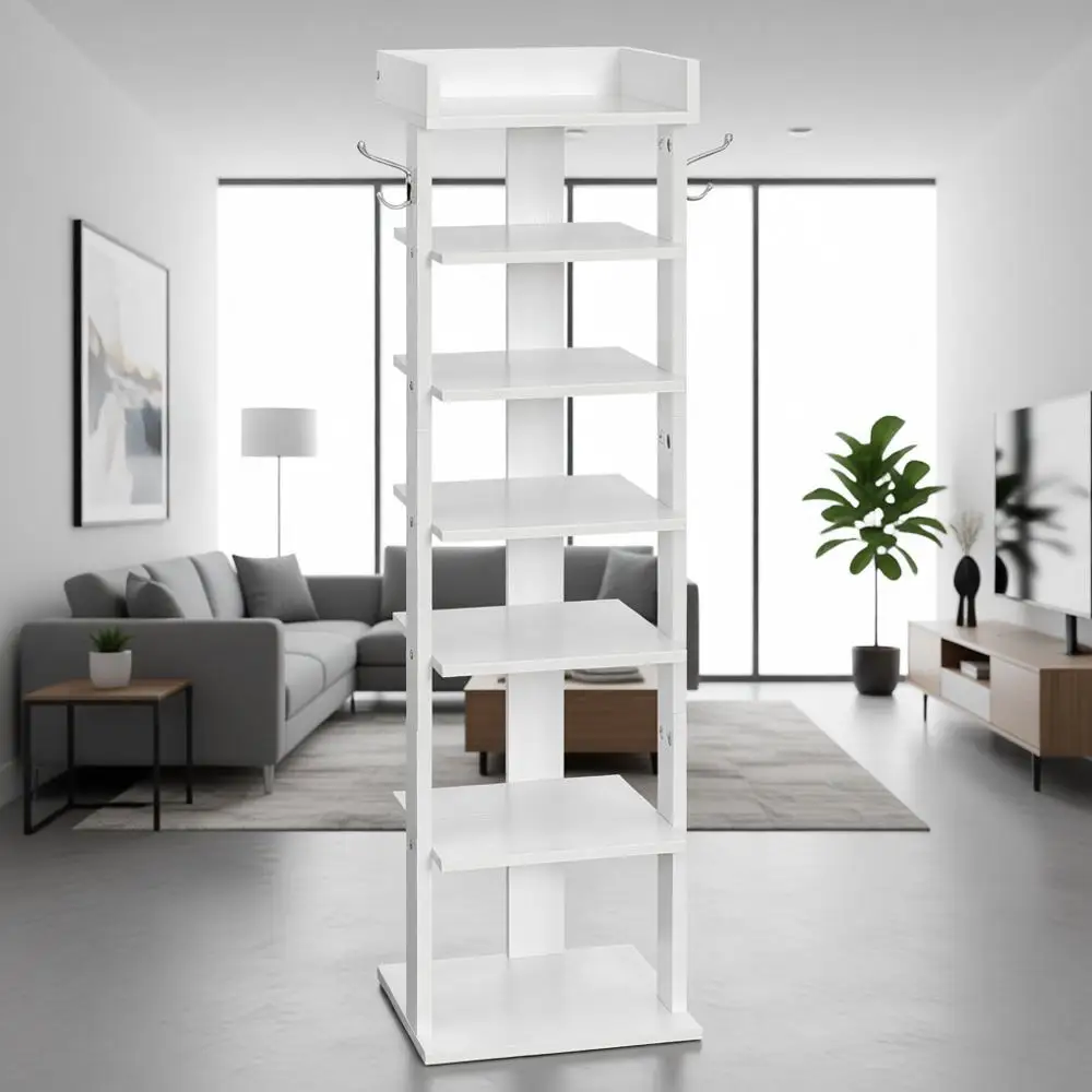 

7-Tier Wooden Shoe Rack with Hooks, Space-Saving Entryway Storage for 7 Pairs, White