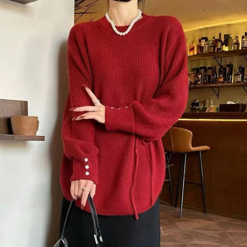 Oversize Autumn Winter Red Thick Knitting Pullovers Jumper New Lazy Style Women Lantern Sleeve Lace Up Warm Loose Casual Sweater