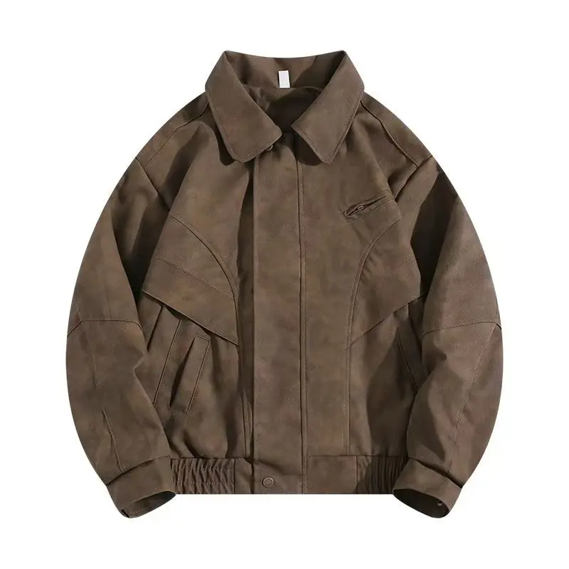 

Vintage Faux Suede Leather Jacket Men Autumn Winter American Streetwear Trendy Lapel Utility Coat Cool Retro Cropped Outerwear