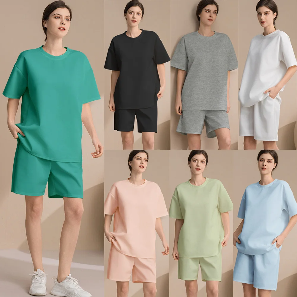 

Women T-Shirt Shorts Suit Set Casual O-neck Loose tshirt and wide leg middle shorts with pockets female Soft Summer Shorts Sets