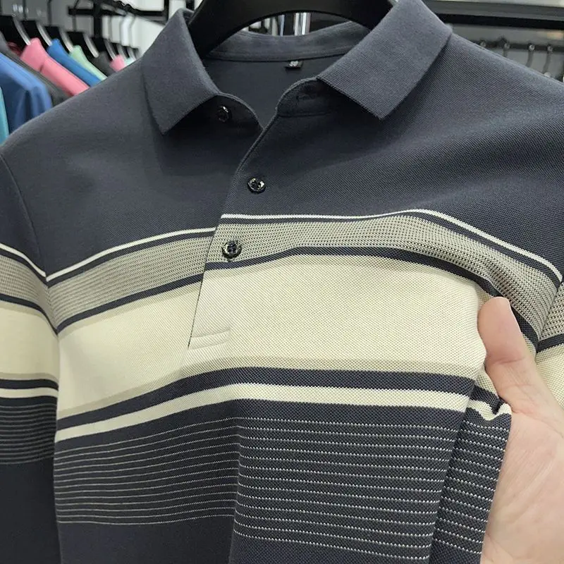 

Мужская повседневная рубашка поло с длинным рукавом и полосатым воротником, свободный крой, весенне-осенний топ
