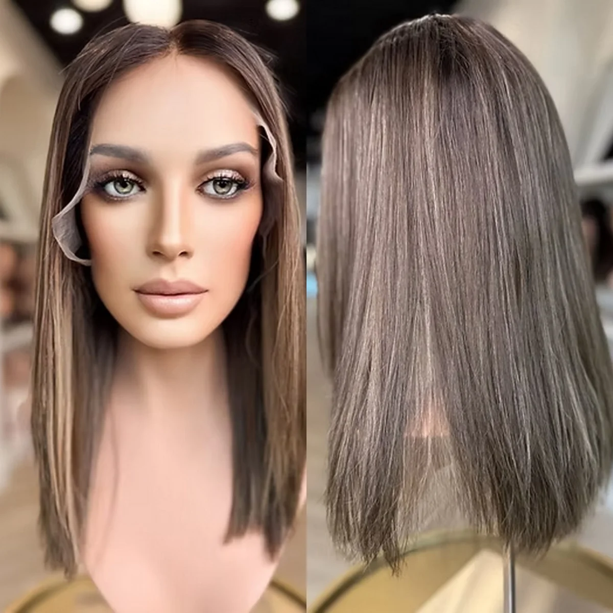 16 Inches Ombre Chestnut Brown Highlights Synthetic HD Lace Front Wig Heat Resistant Fiber Pre Plucked Hairline Straight Bob Wig