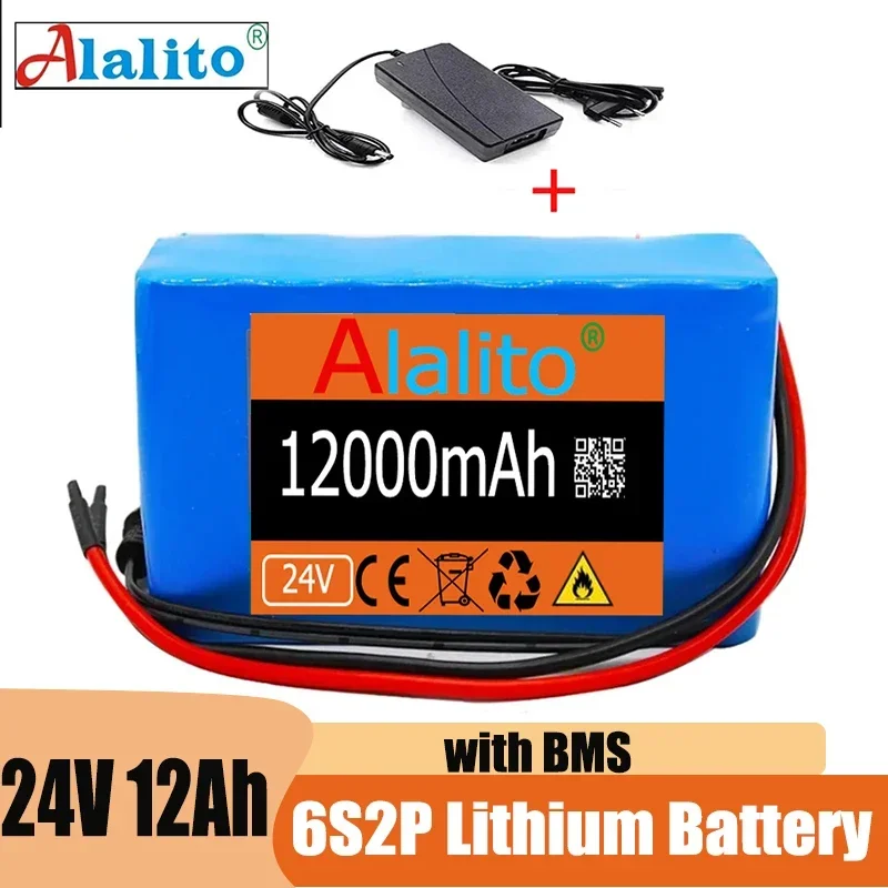 

25.2V 24V 6S2P 12000mAh 18650 Lithium Battery Pack 24V with BMS for Electric Bicycle Moped Optional plug + 2A charger