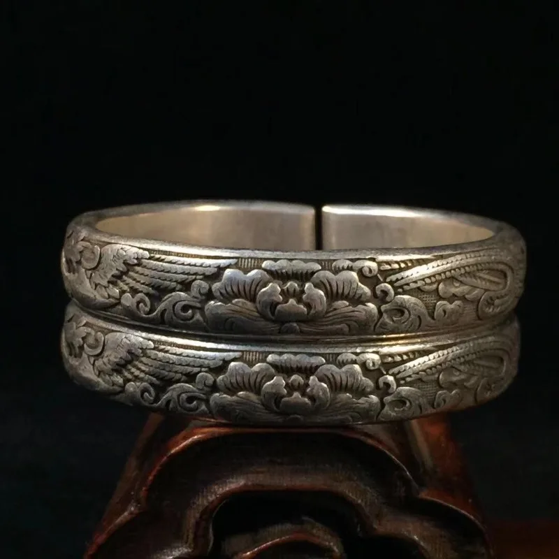 Vintage Collectible Tibetan Silver Plated Bangle, Prosperous Flower Auspicious Pattern Retro Ethnic Collectible Wrist Bracelet