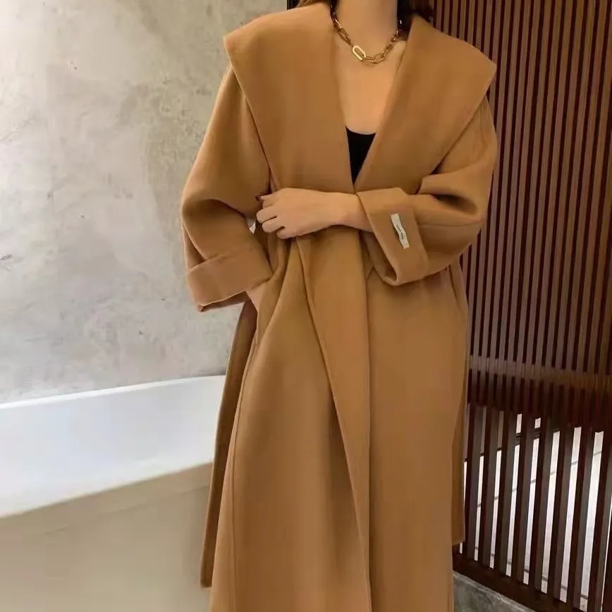 

2026 Новое длинное двустороннее пальто средней длины с капюшоном из 100% шерсти, женская корейская модная свободная зимняя куртка