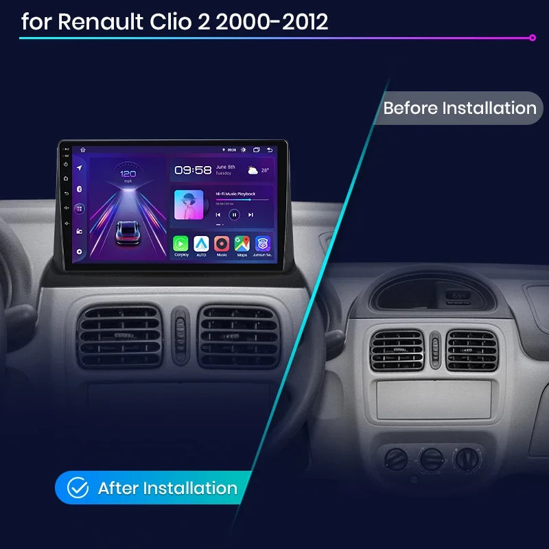 AWESAFE CarPlay sans fil Android Auto pour Renault Clio 2 2000 - 2012 Autoradio Lecteur multimédia Stéréo Wi-Fi Navigation GPS 2 Din Systèmes automobiles intelligents 1280*720 IPS Unité principale FM RDS DSP SWC BT Plug and Play ISO
