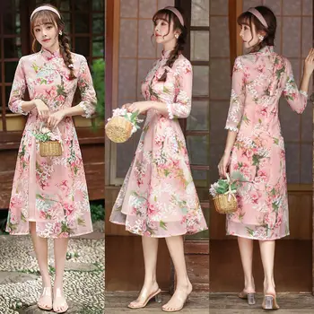 7色女士中長旗袍蕾絲刺繡加大尺碼復古婚紗改良時尚旗袍 S至4XL S2287 8 最佳銷售 女式旗袍 - №1