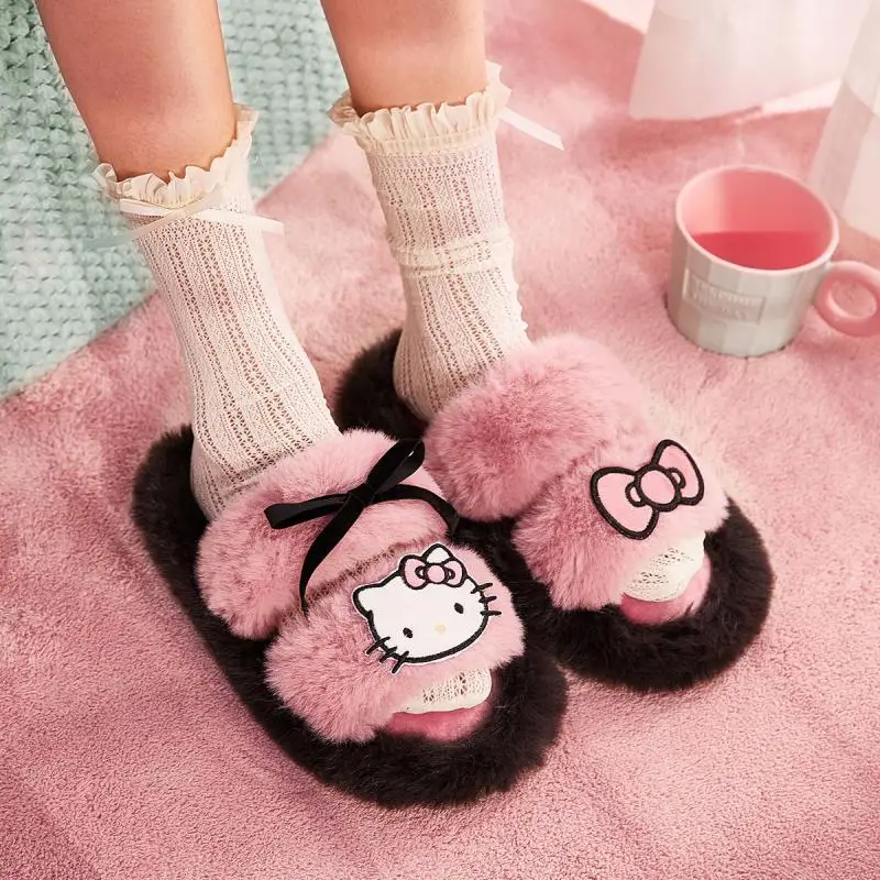 Sanrio Hello Kitty Slippers Exclusively Customized Autumn Winter Warmth Kawaii Cartoon Y2K Girly Sweet Cool Style Plush Slippers