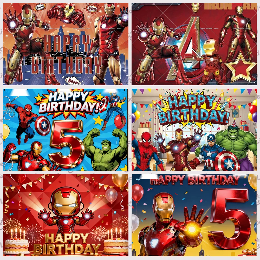 Telón de fondo de Iron Man de los Vengadores, nombre personalizado, edad, niño, feliz cumpleaños, baby shower, retrato, suministros de decoración, accesorio de fotografía