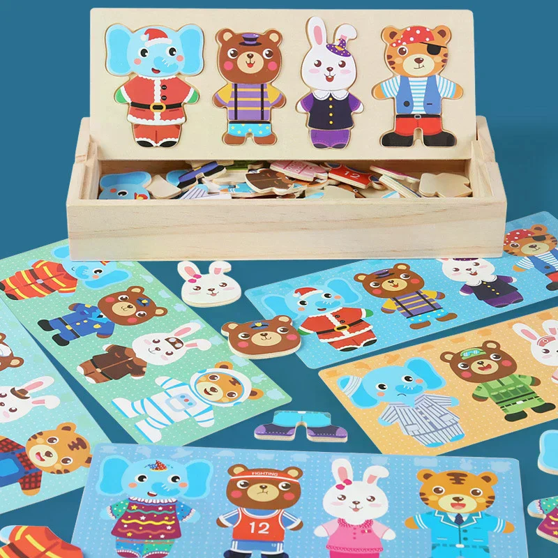 Rompecabezas de vestir de madera, juguetes Montessori, ropa de cambio de oso Animal, caja de rompecabezas, juegos a juego, vestir, conjunto de viaje para chico