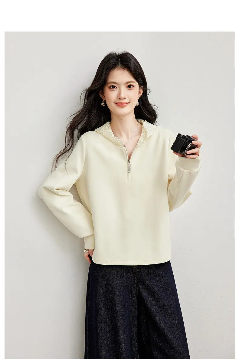 VIMLY Women's Hooded Sweatshirt 2026 Autumn Elegant Lace Trim Splicing Casual Pullover Fashion Long Sleeve Top Ladies A7628