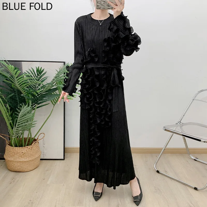 MIYAKE Ear Fungus Edge Dress Autumn Outfit New Pleated Long Sleeved Women Look Slim PLEATS High Quality Birthday Dresses