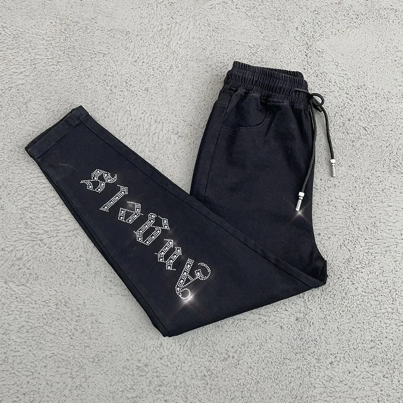 Rhinestones Elastic Waist Elastic Jeans Pencil Pants Spring Summer   Fashion Harem Denim Pants Female Korean Version High Waist