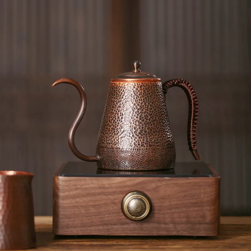 Vintage Pure Copper Coffee Pot,Hammer Texture Portable 550 Ml Heat Resistant Copper Kettle, Handcrafted Curved Swan Neck Teapot