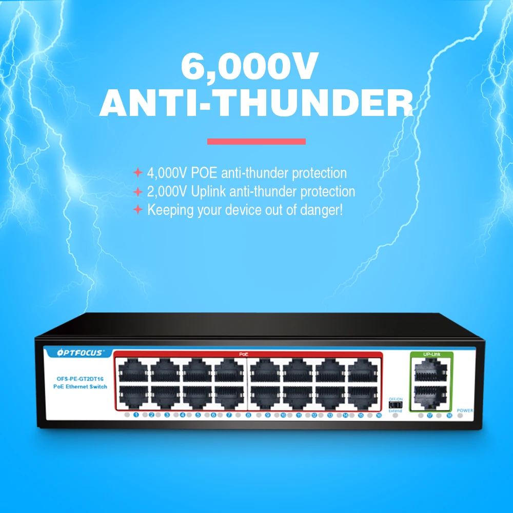 OPTFOCUS 1000M przełącznik POE GIGABIT 16 portów PoE 48V 15W 30W 802.3af 802.3at rozgałęźnik hub Ethernet aktywny dla kamera telewizji przemysłowej