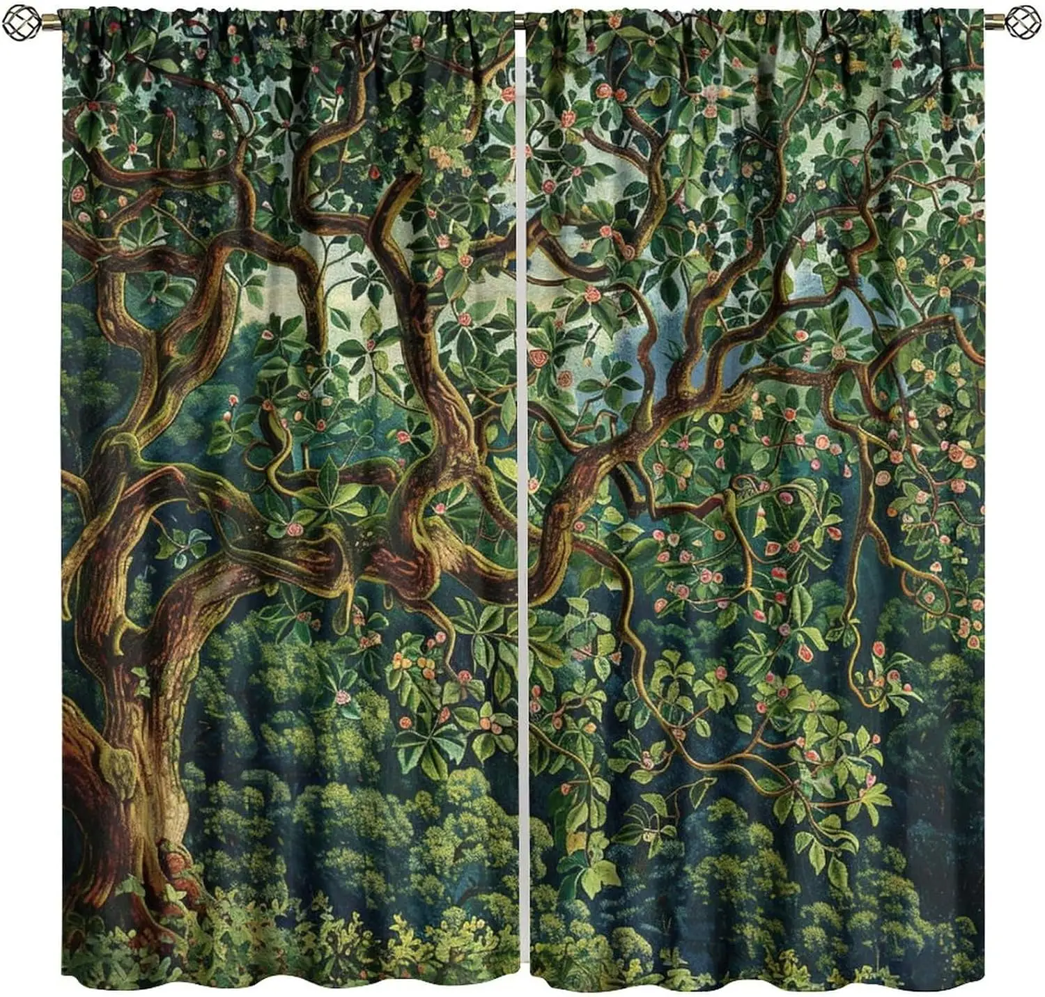 Green Forest Blackout Curtains, Vintage Rustic Farmhouse Watercolor Forest Tree Nature Landscape Window Treatments, for Living