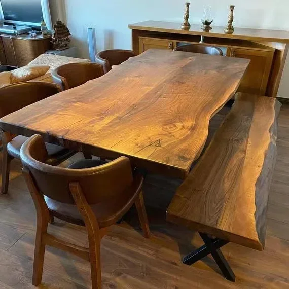 Dining Table Plate Industrial Natural Shape Solid Wood Live Edge Walnut Wooden Table Top for Dining Room,Customizable