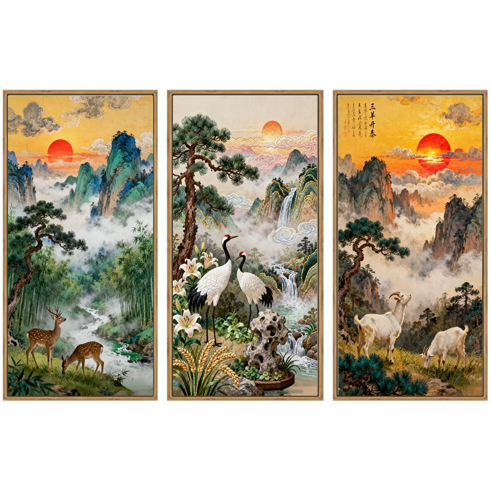 Contemporary Chinese Landscape Painting For Living Room Sika Deer Poster Print White Crane Canvas Painting Wall Art Home Deco