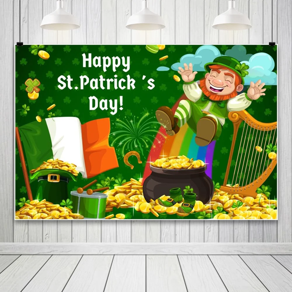 Happy St. Patrick's Day Backdrop Pot of Gold Coins Green Lucky Irish Shamrock Hat Photography Background Party Decor