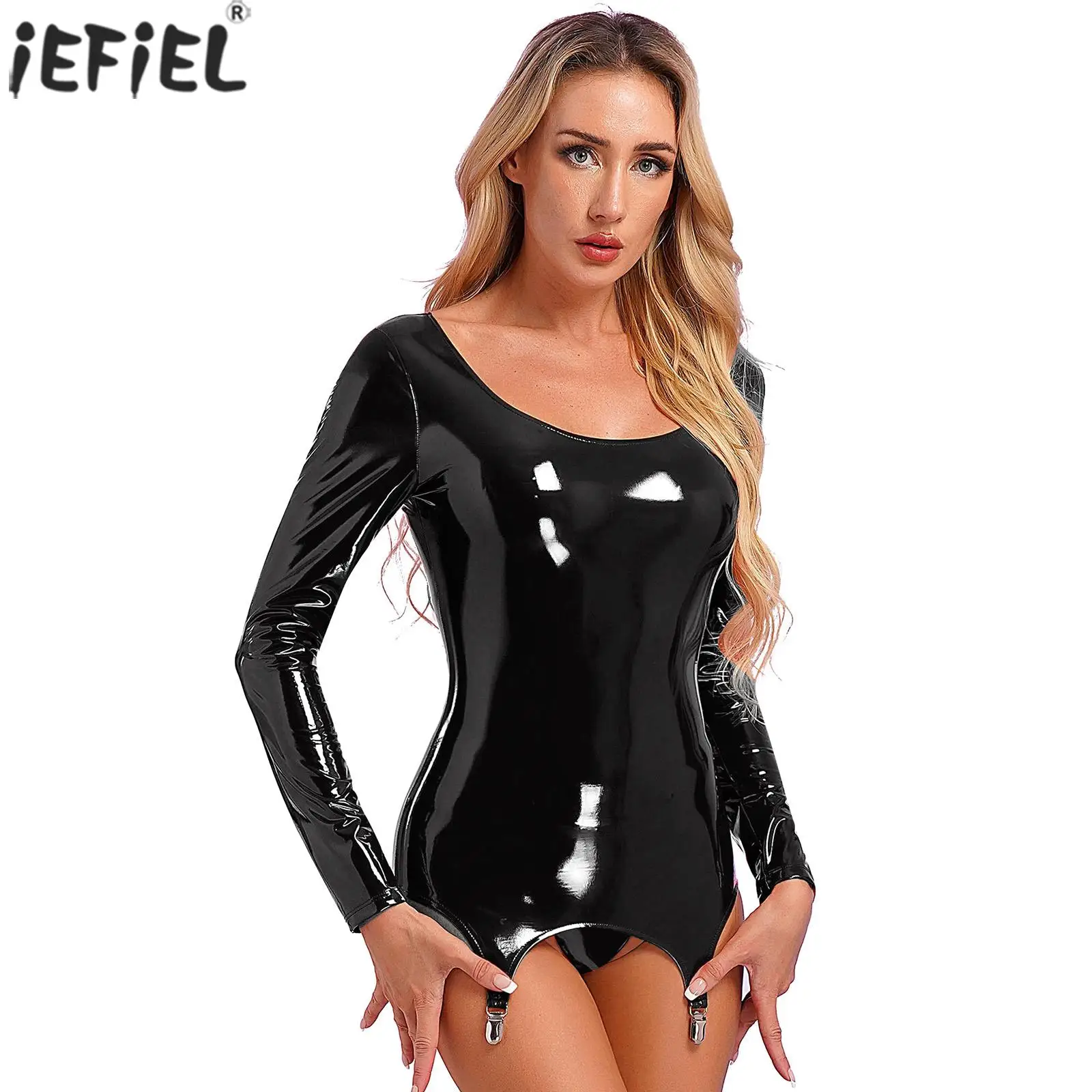 

Womens Glossy Wetlook Patent Leather Bodycon Dress with Garter Clips Long Sleeve Black Latex Mini Dresses Sexy Lingerie Clubwear