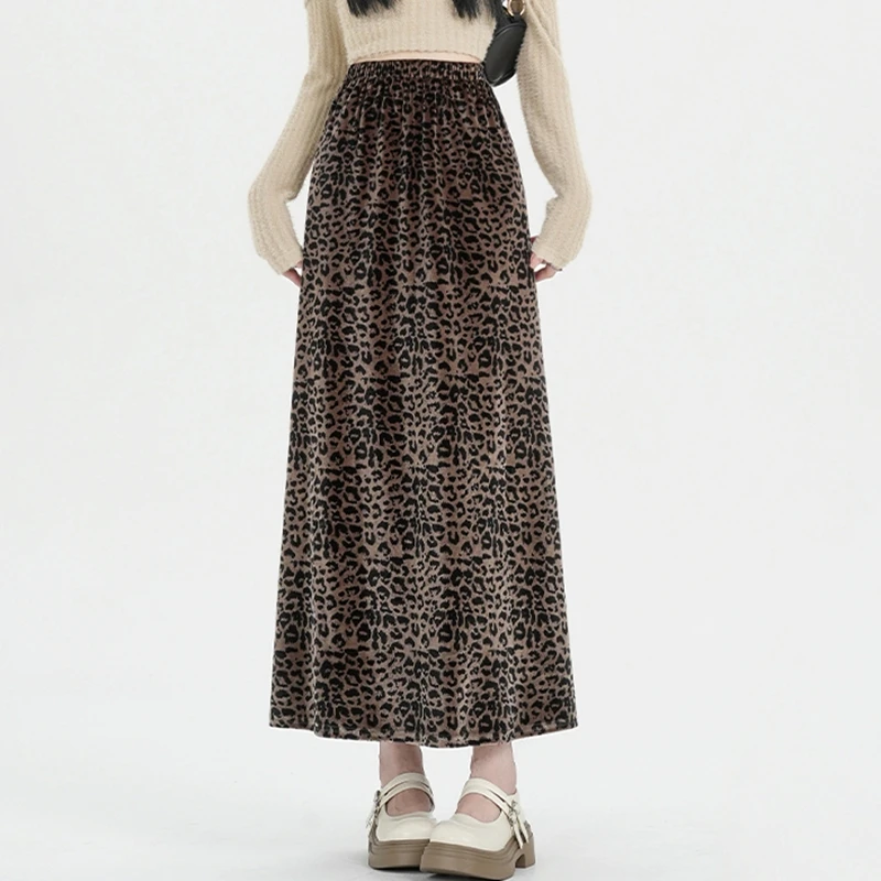 Autumn Winter Leopard Print Velvet Skirt Women's Retro Elastic High Waisted All-Match Party Midi Long Skirt