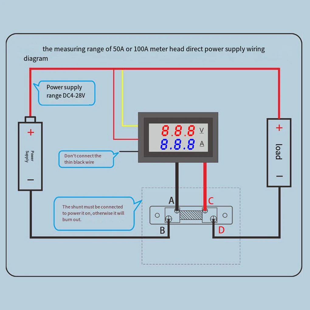 DC0-100V 50A 100A LED Dual Display Current Voltage Test Meter Shunt Included Mini Digital Voltmeter