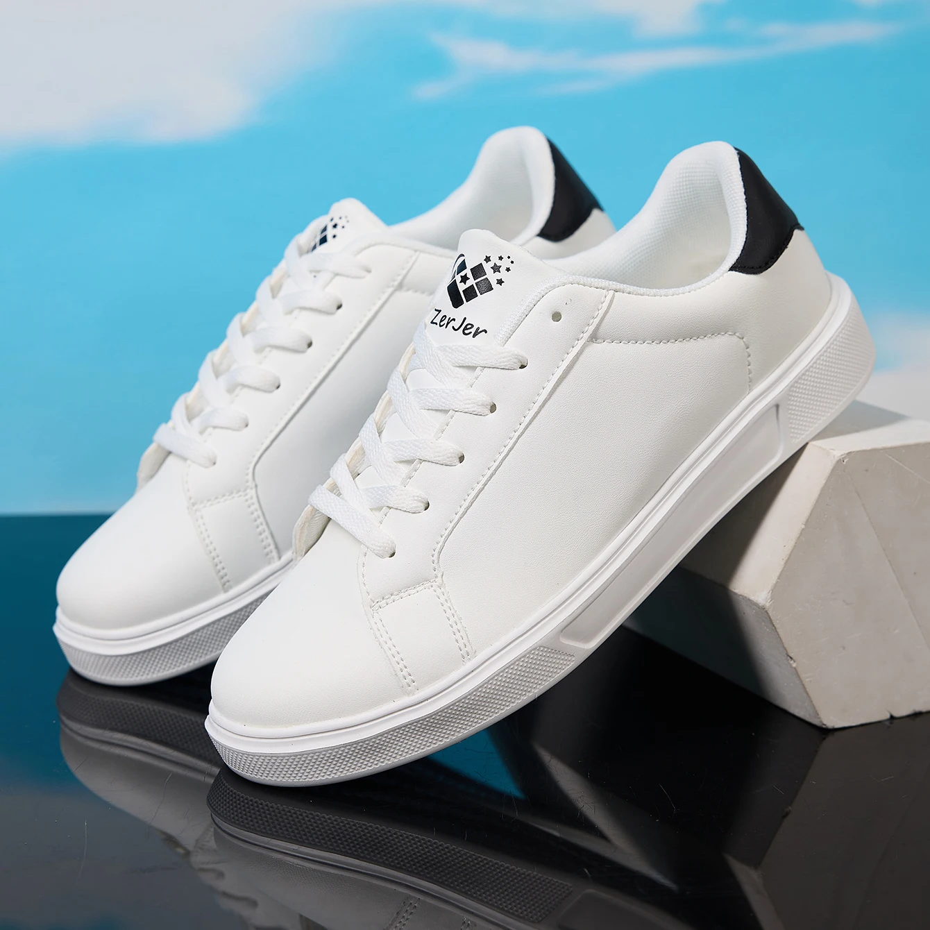 ZERJER Men's White/Black Casual Leather Sneakers, Low Top Lace-Up Skate Shoes, Comfortable Walking Footwear