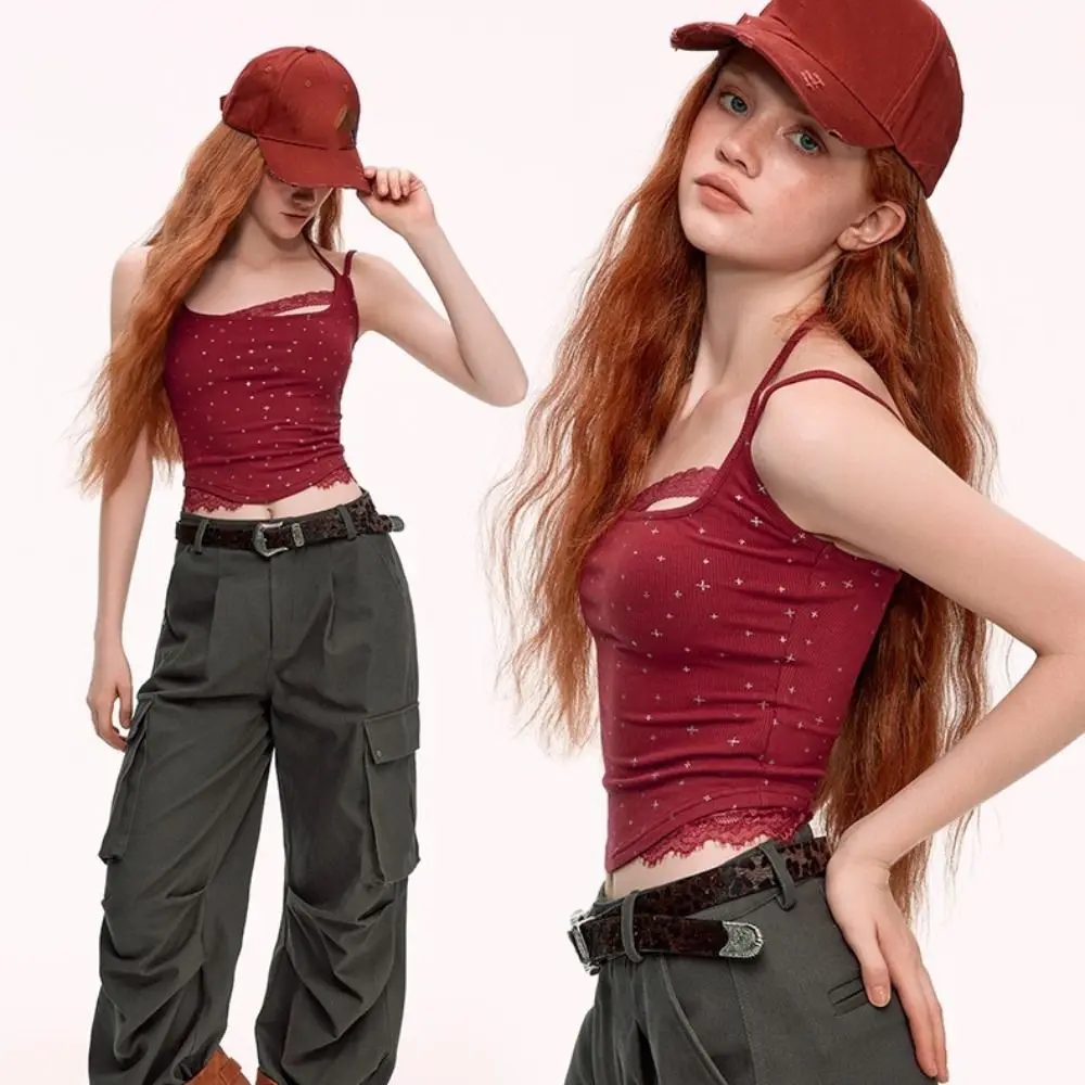 

Spicy Girl Style Dots Strap Skinny Vest Tops Tank Sleeveless Camisole with Pads Lace Irregular Y2K Slim Crop Top Girls