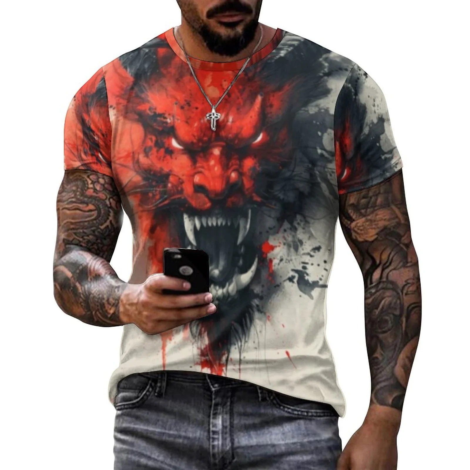 

2024 Men's 3D Graffiti Devil Pattern T-shirt, Casual Cool Micro Stretch Breathable T-shirt, Outdoor Spring/Summer Men's Wear